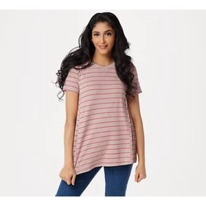 LOGO Lori Goldstein Gold Striped Knit Top Swing Hem Size XS New A350592